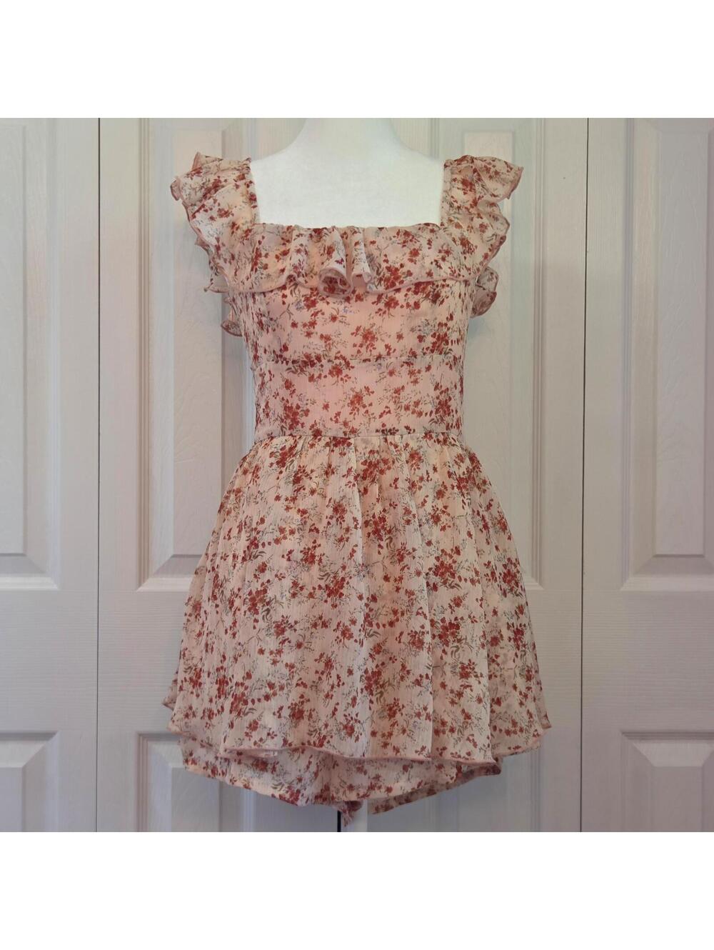 Pink Red Floral Ruffle Mini Dress Romper Size XS Cottage Prairie Coquette Beach